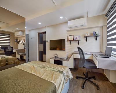 Choa Chu Kang Street 62 (Block 606), Absolook Interior Design, Transitional, Bedroom, HDB, Low Back Office Chair, Air Conditioning, Recessed Lights, Wall Mounted Ledge, Wall Mounted Table, King Size Bed, Wall Mounted Television, Roll Down Curtains, Mirror, Wooden Floor, Bed, Furniture