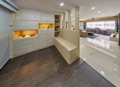 Choa Chu Kang Street 62 (Block 606), Absolook Interior Design, Transitional, Living Room, HDB, Built In Shelves, Wooden Floor Tiles, Wooden Cabinets, Recessed Lights, White Marble Floor, Flooring