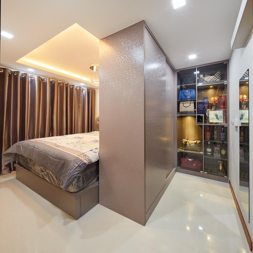 Traditional, HDB, Bedroom, Waterway Sunbeam (Block 663A), Interior Designer, Absolook Interior Design, King Size Bed, Large Cabinet, White Marble Floor, Brown Curtain, Recessed Lights, Hidden Interior Lights, Marble Wall, Sling Curtain, Mirror