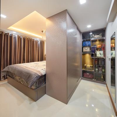 Waterway Sunbeam (Block 663A), Absolook Interior Design, Traditional, Bedroom, HDB, King Size Bed, Large Cabinet, White Marble Floor, Brown Curtain, Recessed Lights, Hidden Interior Lights, Marble Wall, Sling Curtain, Mirror