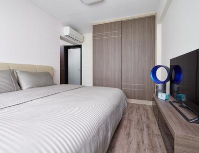 Waterway Banks (Block 673B), Absolook Interior Design, Scandinavian, Bedroom, HDB, Wooden Floor, Wooden Wardrobe, Television, Television Console, King Size Bed, Air Conditioning, Cozy, Comfortable, Relax, Plain White Walls, Laminate Wood, Electronics, Loudspeaker, Speaker