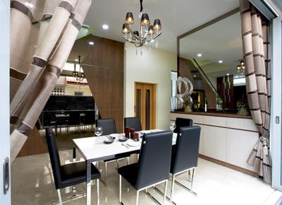 Jalan Kechubong, Yujia Concept Decor, Modern, Traditional, Dining Room, Landed, White Dining Table, Dining Table, Sling Curtain, Dining Chair, Modern Dining, Classy Chandelier, Lift, Recessed Lights, Elevator, Chandelier, Large Mirror