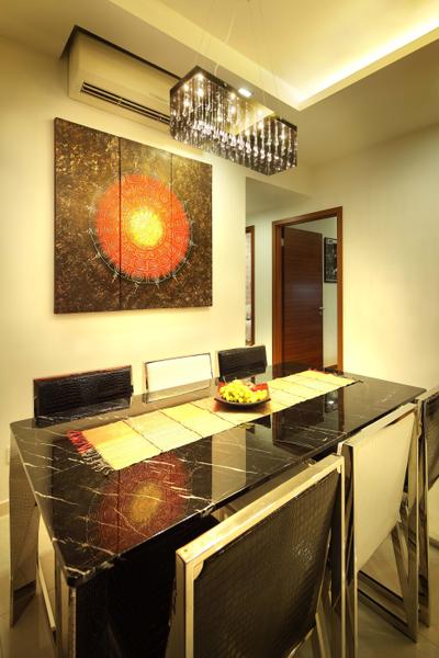 City Square Residence, Space Define Interior, Modern, Dining Room, Condo, Hanging Light, Pendant Light, Wall Art, Concealed Lighting, Dining Table, Black Dining Chairs, Appliance, Electrical Device, Oven, Indoors, Interior Design, Room