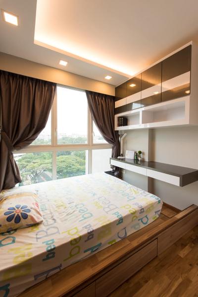 Canberra Road, Yujia Concept Decor, Modern, Traditional, Bedroom, Condo, Single Bed, False Ceiling, Carpentry, Storage, Wall Shelves, Sling Curtain, Downlights, Contemporary Bedroom, Coffered Ceiling, Hidden Interior Lights, Recessed Lights, Wooden Floor, Cozy, Cosy