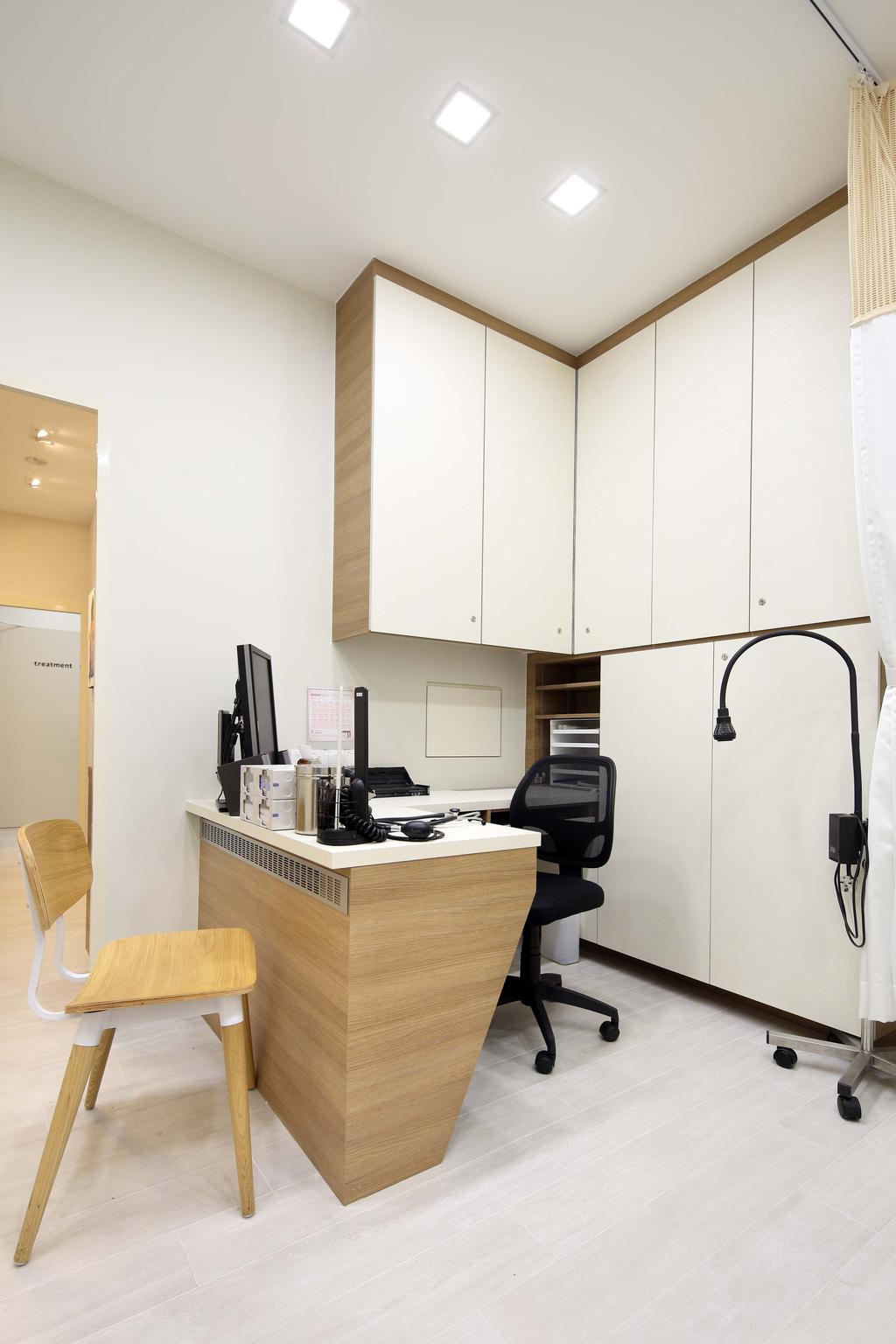 Marine Parade Central - Clinic, Commercial, Interior Designer, Space Define Interior, Scandinavian, White, White Kitchen Cabinets, Wood Laminate, Laminate Flooring, Storage Cabinet, Wooden Chair, Office Chair, Recessed Lights, Plywood, Wood