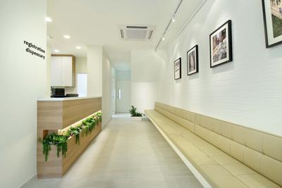 Marine Parade Central - Clinic, Space Define Interior, Scandinavian, Commercial, Long Bench, Cushioned, Wood Laminate, Wall Frames, Track Lighting, Track Light, Trackie, Red Brick Wall, Recessed Lights, Corridor
