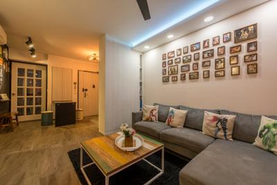 Upper Serangoon Crescent, Glamour Concept, Scandinavian, Living Room, HDB, Picture Arrangement, Picture Frames, Downlights, False Ceiling, French Door, Carpet, Sofa, Wooden Flooring, Open Concept, Dining Room, Dove Lighting, Track Light, Couch, Furniture, Bench, Chair, Cushion, Home Decor