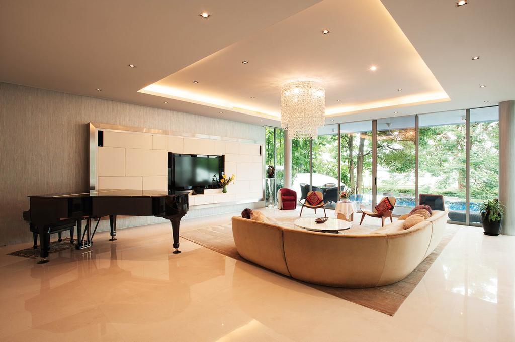 Modern, Landed, Living Room, Lakeshore View - Sentosa, Interior Designer, Starry Homestead, Concealed Lighting, Cove Light, Chandelier, Hanging Light, Full Length Window, Grand Piano, Leisure Activities, Music, Musical Instrument, Piano, Upright Piano