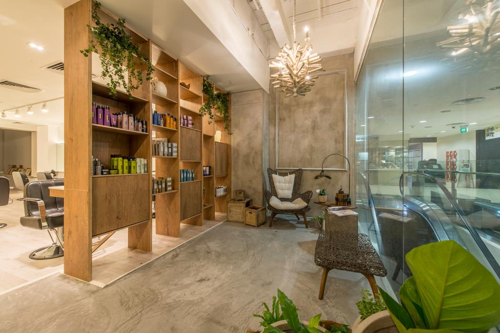 Evolve Salon, Commercial, Interior Designer, Bowerman, Eclectic, Wooden Shelves, Cement Flooring, Plants, Bamboo Armchair, Chandelier, Classy, Flora, Jar, Plant, Potted Plant, Pottery, Vase, Chair, Furniture, Indoors, Lobby, Room