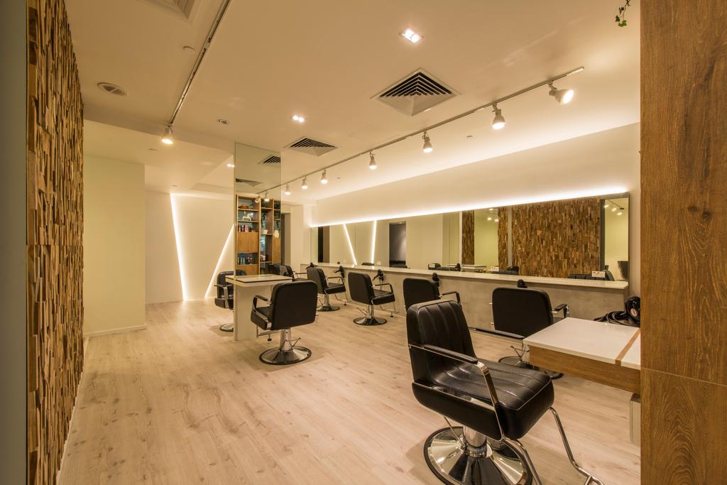 Evolve Salon, Commercial, Interior Designer, Bowerman, Eclectic, Salon, Track Light, Panoramic Mirror, Wooden Flooring, Recessed Lights, Built In Air Condition, Luggage, Suitcase, Chair, Furniture, Indoors, Office, Sink