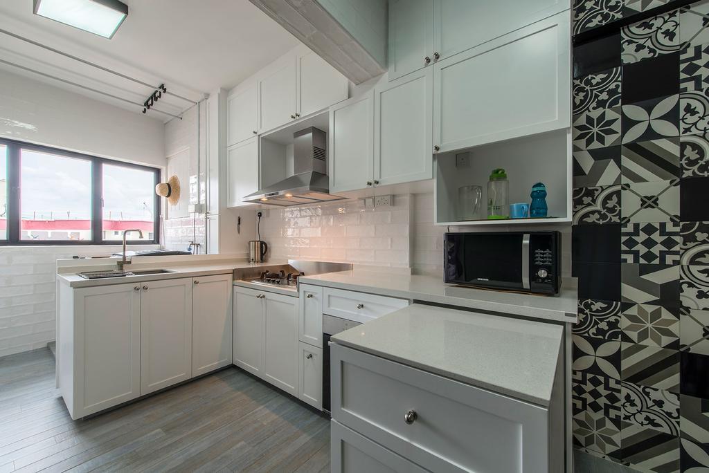 Eclectic, HDB, Kitchen, Chai Chee Drive, Interior Designer, Ace Space Design, Wooden Cabinet, White, Wooden Counter, Scandinavian, Marble, Storage, Kitchen Sink, Appliances, White Cabinet, Marble Counter, Pattern Tiles, Subway Tiles, Indoors, Interior Design, Room, Tile