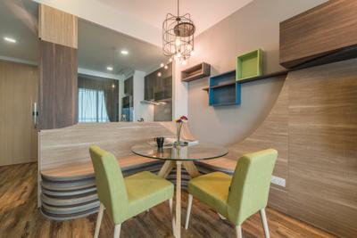 Ripple Bay, Yonder, Contemporary, Dining Room, Condo, Industrial Lighting, Storage, Wall Shelves, Laminate Wood, Funky Storage, Wooden Divider, Chair, Furniture, Indoors, Interior Design, Room, Dining Table, Table, Plywood, Wood, HDB, Building, Housing, Loft