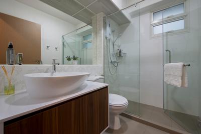 Edgefield Plains, Schemacraft, Minimalist, Bathroom, Condo, Vessel Sink, White Sink Countertop, Shower Glass Panel, Marble Tiles, Toilet, Towel, Indoors, Interior Design, Room