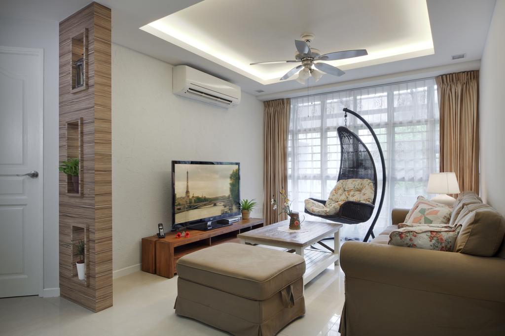 Traditional, HDB, Living Room, Punggol Road (Block 195B), Interior Designer, Boonsiew D'sign, Partition, Layered Ceiling Top, Curtains, Double Layer Curtains, Hanging Chair, Indoor Hanging Chair, Sofa, Tea Table, Brown Coffee Table, Couch, Furniture, Indoors, Interior Design, Chair