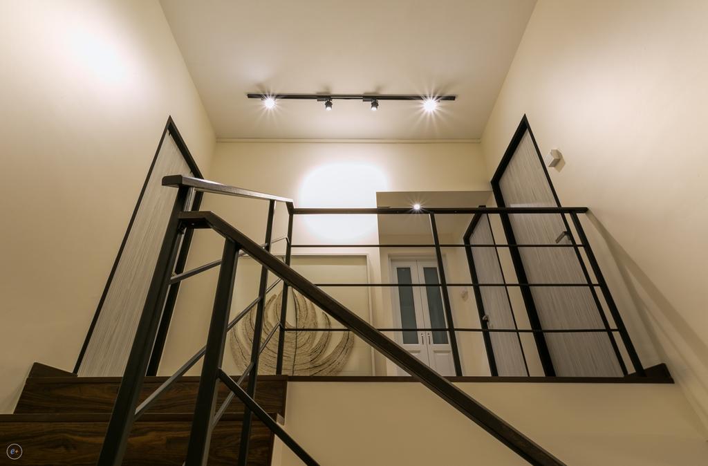 Contemporary, HDB, Living Room, Ubi, Interior Designer, Fineline Design, Black Track Lights, Stair Case, Black Railings, White Wall, Wooden Stairs