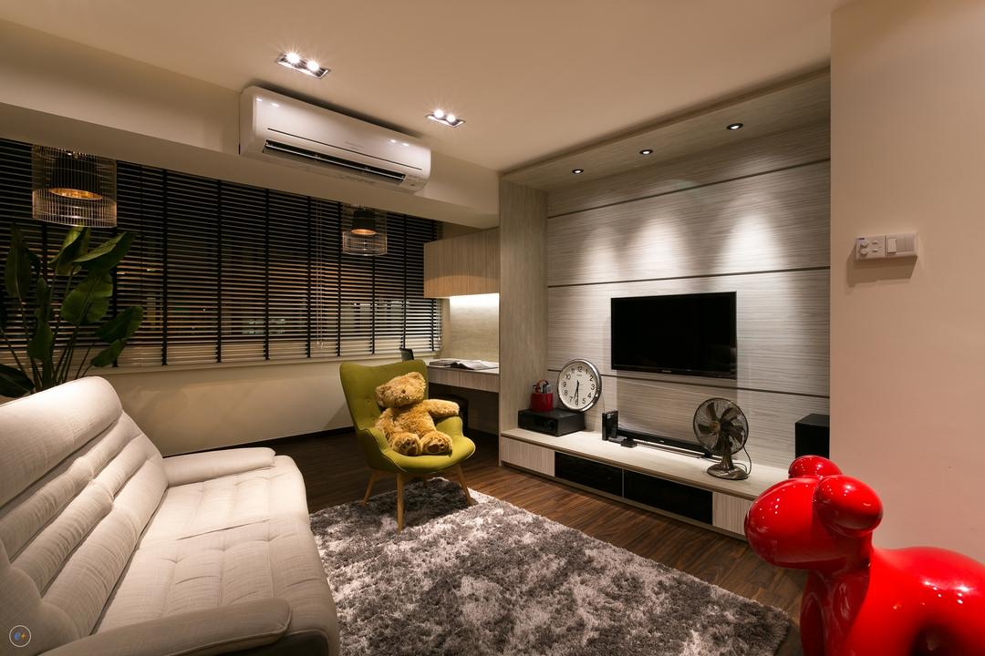 Ubi, Fineline Design, Contemporary, Living Room, HDB, Air Conditioning, Wall Mounted Television, Recessed Lights, Television Console, Loveseat, Greenish Yellow Lounge Chair, Wooden Floor, Roll Up Down Curtains, Hanging Lights, Pendant Lights, Cozy, Dark, Dim, Dimly Lit, Couch, Furniture, Teddy Bear, Toy, Indoors, Room