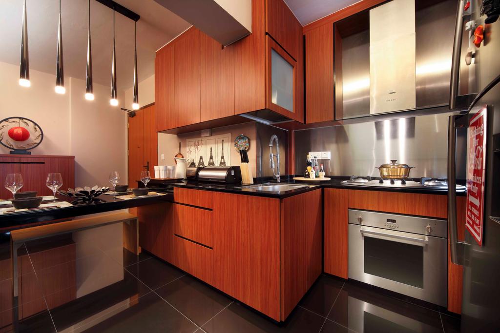 Traditional, HDB, Kitchen, Punggol Road (Block 603B), Interior Designer, Boonsiew D'sign, Wooden, White Kitchen Cabinets, Appliances, Hanging Light, Drop Lights, Indoors, Interior Design, Room, Appliance, Electrical Device, Oven, Lighting