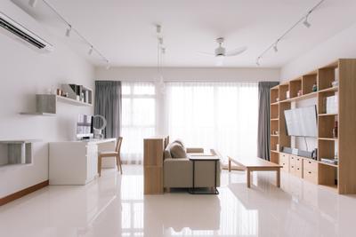 Waterway Woodcress (Block 666A), Third Avenue Studio, Minimalist, Living Room, HDB, Muji, Muji Theme, Clean, Bright And Airy, Spacious, Airy, Bright, Neutral Colours, Tiles, Expansive, Bookcase, Indoors, Interior Design, Dining Table, Furniture, Table
