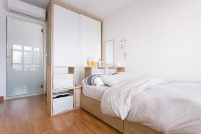 Waterway Woodcress (Block 666A), Third Avenue Studio, Minimalist, Bedroom, HDB, Storage Bed, White Kitchen Cabinets, Dresser, Wall Mirror, Cubbyhole, White And Woody, White And Brown, Monochrome, Building, Housing, Indoors, Loft, Interior Design, Room
