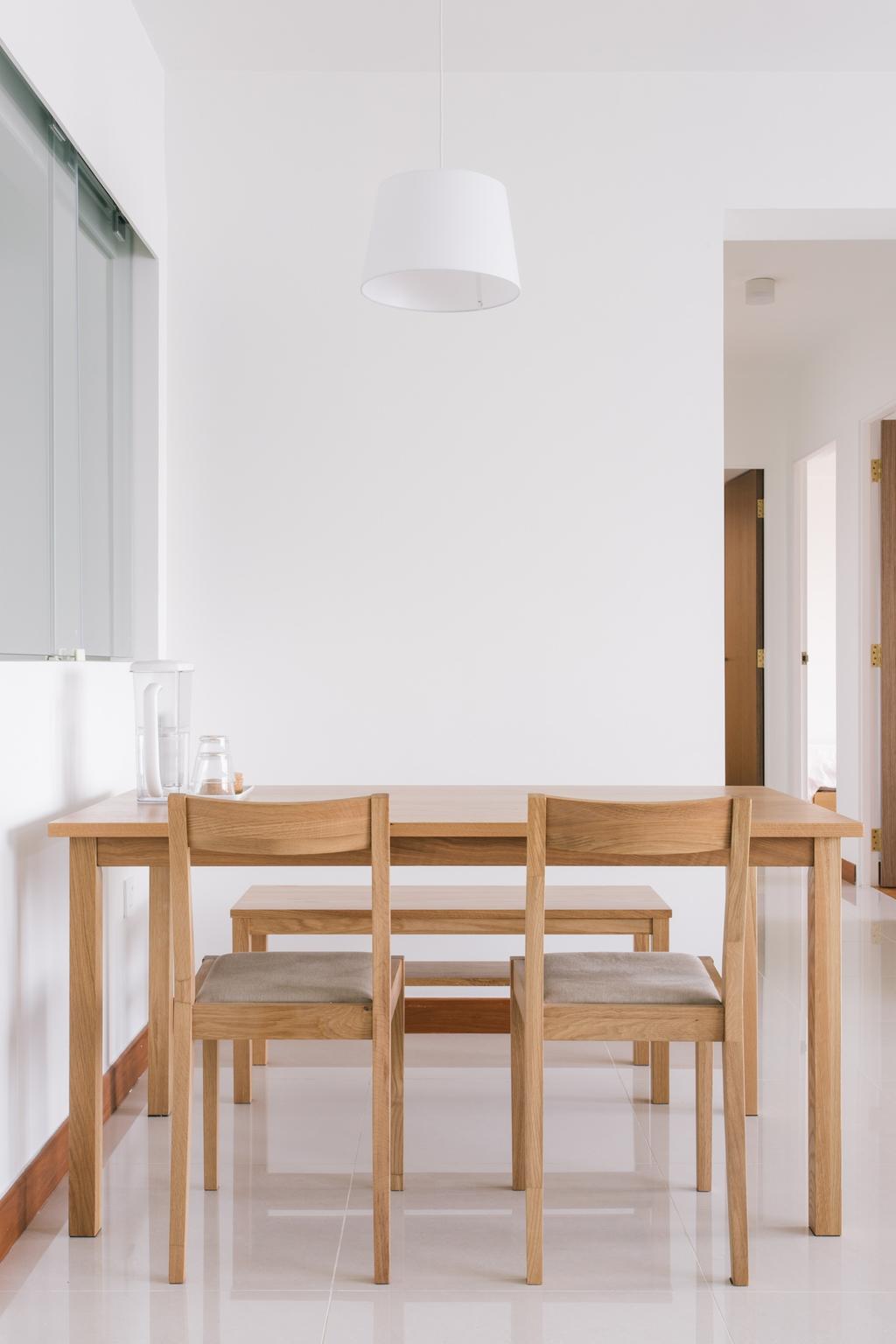 Minimalist, HDB, Dining Room, Waterway Woodcress (Block 666A), Interior Designer, Third Avenue Studio, Dining Bench, Wooden Dining Table, Wooden Chairs, Wooden Dining Chairs, Half Hack, Dining Table, Furniture, Table, Shelf, Chair, Coffee Table, Bench