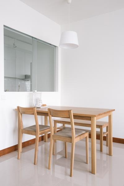 Waterway Woodcress (Block 666A), Third Avenue Studio, Minimalist, Dining Room, HDB, Half Hack, Sliding Window, Pendant Light, White And Brown, Monochrome, Neutral Colours, Dining Table, Furniture, Table, Chair