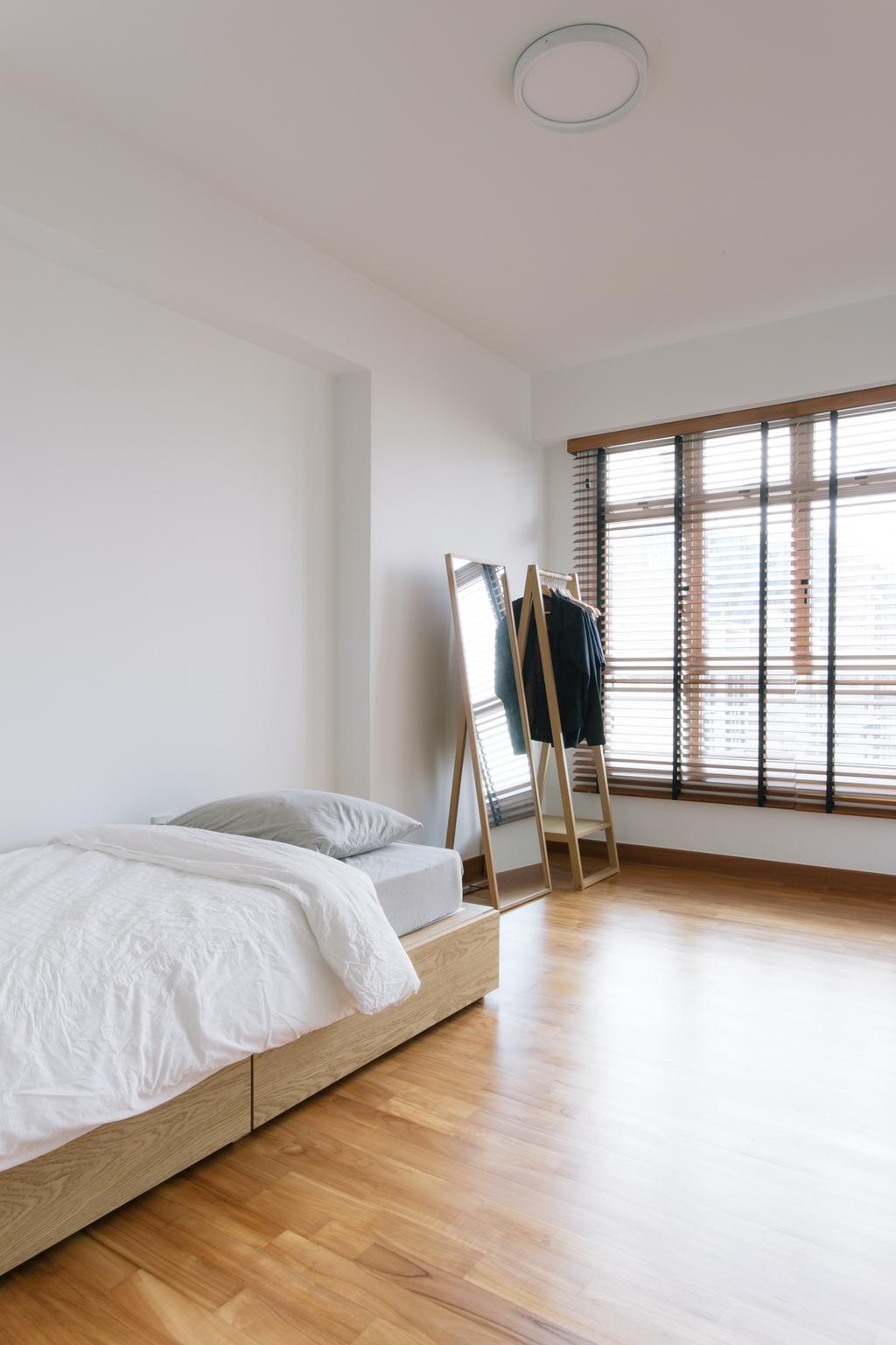 Minimalist, HDB, Bedroom, Waterway Woodcress (Block 666A), Interior Designer, Third Avenue Studio, Storage Bed, Clothes Rack, Coat Rack, Wooden Blinds, Bright And Airy, Standing Mirror, Wood Flooring, Venetian Blinds, Guest Room, Parquet, Drawer Bed, Monochrome, Bed Drawers
