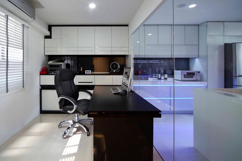 Modern, HDB, Study, Woodland Ring Road (Block 656), Interior Designer, Boonsiew D'sign, Mirror, Study Table, Storage, White Kitchen Cabinets, Blinds, Black Desktop, Black Study Table, Black Study Chair