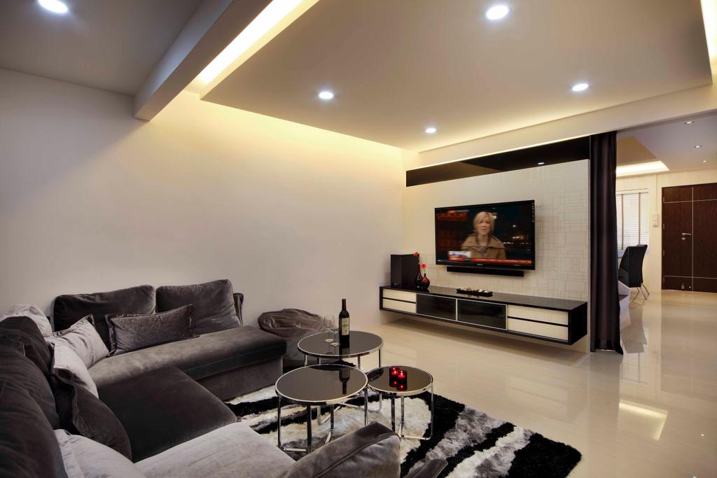 Modern, HDB, Living Room, Woodland Ring Road (Block 656), Interior Designer, Boonsiew D'sign, Monochrome, Brown Leather Sofa, Brown Coffee Table, Wine, Cove Lighting, Indirect Ceiling Lighting, Recessed Lights, Ceiling Light, Couch, Furniture, Basement, Indoors, Room