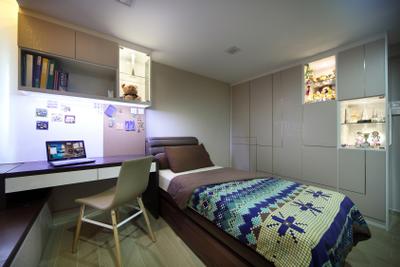 Bishan Street 13 (Block 194), Boonsiew D'sign, Modern, Bedroom, HDB, White Kitchen Cabinets, Storage, Study Table, Bookshelf, Patterned, Chair, Furniture, Bed, Home Decor, Quilt, Indoors, Room, Interior Design