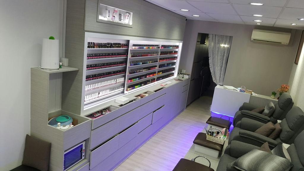 Dolish Nail Spa, Commercial, Interior Designer, DL Abode Design Solutions, Modern, Nail Spa, Counter, Shelves, Grey Wall, Purple Neon Light, Downlight, Storage, Built In Drawer