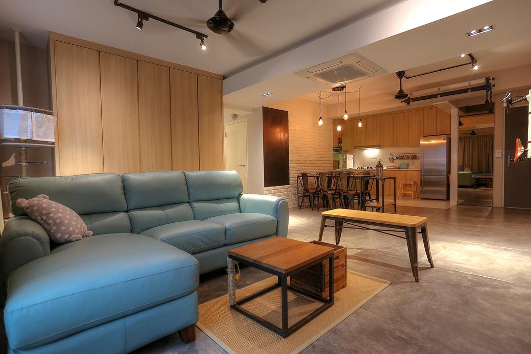 Punggol Emerald, Ingenious Design Solutions, Scandinavian, Living Room, HDB, Track Light, Industrial Lighting, Comfy Sofa, Built In Carpentry, Industrial Table, False Ceiling, Downlights, Industrial Chairs, Cement Flooring, Furniture, Indoors, Room, Sink, Couch, Chair