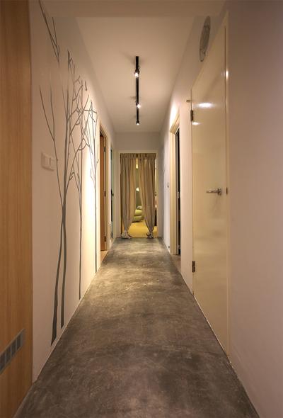 Punggol Emerald, Ingenious Design Solutions, Scandinavian, Bedroom, HDB, Corridor, Wall Sticker, Track Light, Cement Flooring