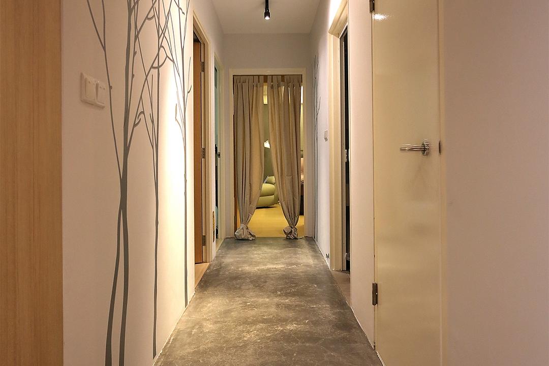 Punggol Emerald, Ingenious Design Solutions, Scandinavian, Bedroom, HDB, Corridor, Wall Sticker, Track Light, Cement Flooring