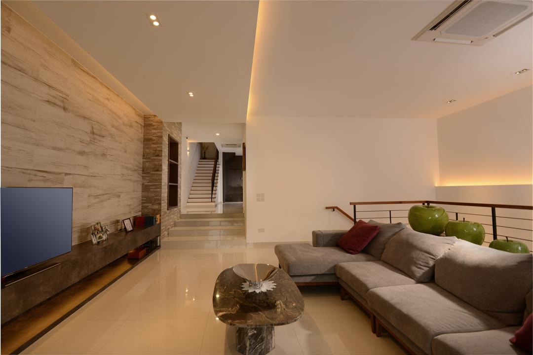 Jalan Tempua, Darwin Interior, Modern, Contemporary, Living Room, Landed, Contemporary Living Room, Modern Handrail, Tv Feature Wall, White Marble Floor, Cove Lighting, Downlights, Marble Table, Staircase, False Ceiling, Feature Wall, Couch, Furniture, Indoors, Interior Design