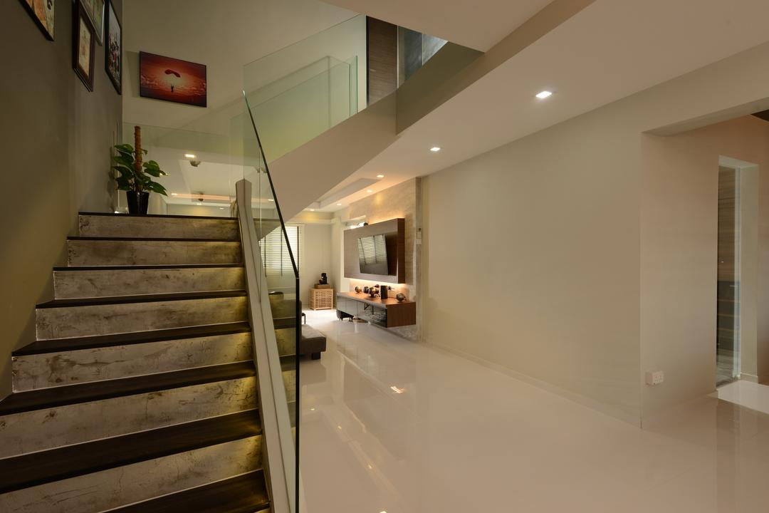 Pasir Ris, Darwin Interior, Contemporary, Living Room, HDB, Cement Staircase, Glass Handrail, Downlights, Banister, Handrail, Staircase, Corridor