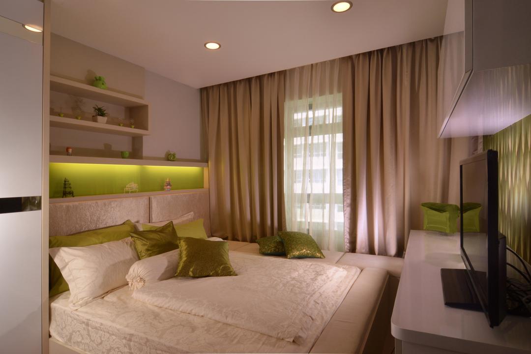 Punggol Place, Darwin Interior, Contemporary, Bedroom, HDB, Cosy Bedroom, Tv Stand, Sling Curtain, Downlights, Wall Shelves, Glass Panels, Built In Cupboard, Indoors, Interior Design, Room, Couch, Furniture