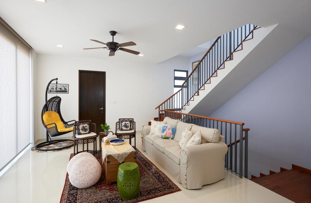 Traditional, Landed, Living Room, Siak Kew Avenue, Interior Designer, DC Vision Design, Traditional Carpet, Asian Chair, Comfy Sofa, Asian Living Room, Indoor Swing Chair, Modern Handrail, Decorative Ceiling Fan, Bright, Roll Blinds, Downlights