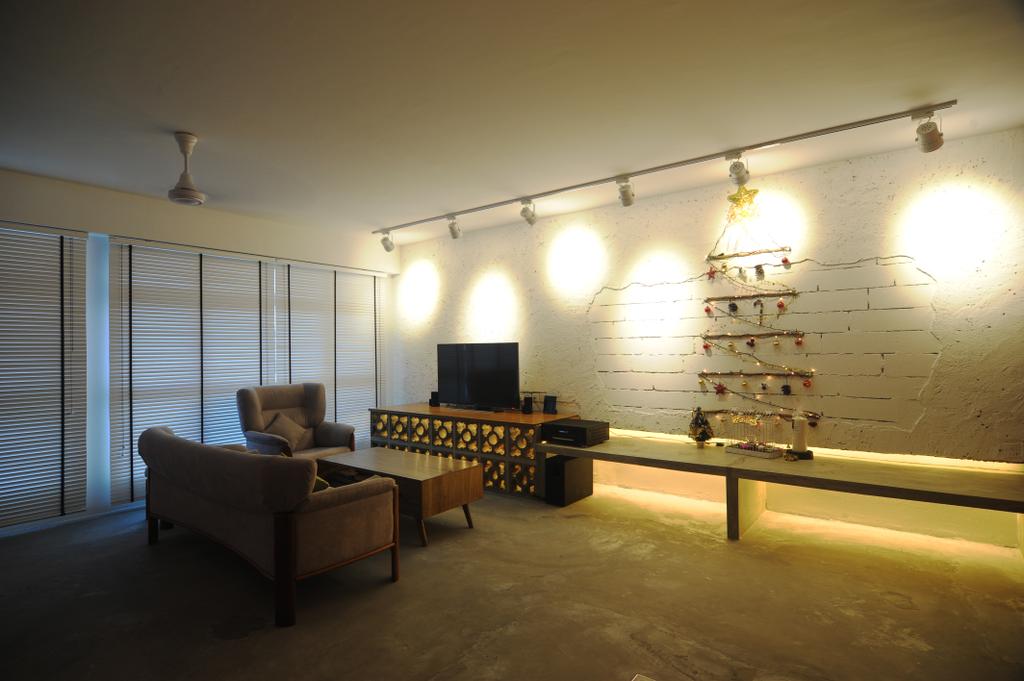 Industrial, HDB, Living Room, Yishun Natura (Block 342), Interior Designer, Superhome Design, Track Light, Trackie, Brick Wall, Venetian Blinds, Couch, Furniture