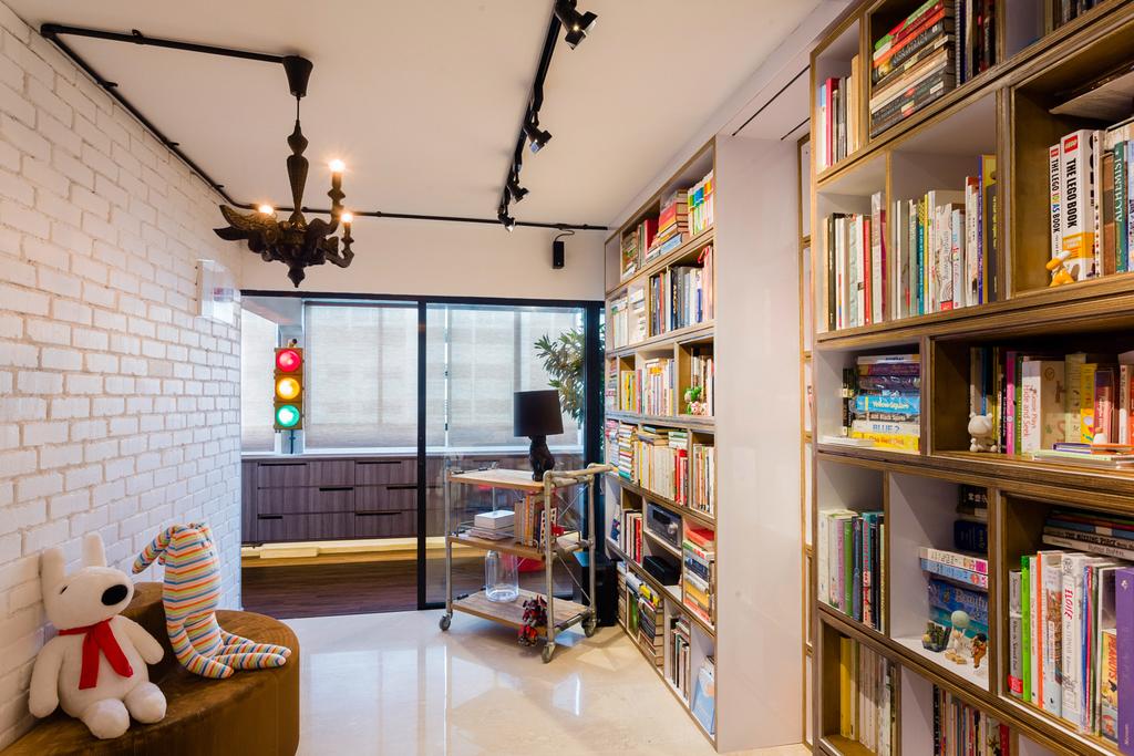 Eclectic, HDB, Study, Woodlands (Block 820), Interior Designer, Prozfile Design, Track Light, Trackie, Red Brick Wall, Teddy Bear, Toy, Light Fixture, Bookcase, Furniture