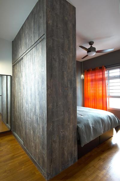 Anchorvale Horizon (Block 326D), Aart Boxx Interior, Scandinavian, Bedroom, HDB, Orange Curtains, Curtains, Mini Ceiling Fan, Wooden Flooring, Partition