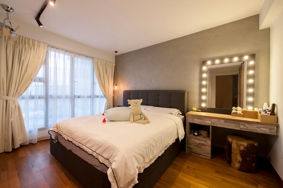 Punggol Drive (Block 676D), Hue Concept Interior Design, Eclectic, Bedroom, HDB, Padded Bed Frame, Hollywood Style Mirror, Sling Curtain, Track Light, Wooden Flooring, Cement Wall, Industrial Lighting, Indoors, Interior Design, Room, Bed, Furniture