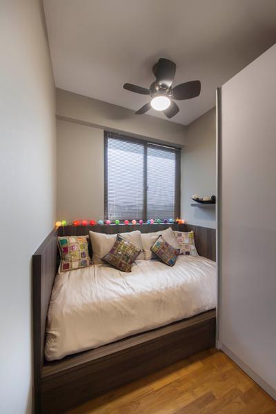 Cambio Suites, The Orange Cube, Contemporary, Bedroom, Condo, Comfy Bed, Mini Ceiling Fan, Neutral Grey Wall, Wood Wardrobe, Indoors, Interior Design, Room