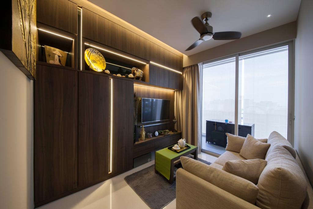 Contemporary, Condo, Living Room, Cambio Suites, Interior Designer, The Orange Cube, Built In Cupboard, Tv Wall Panel, Mini Ceiling Fan, Wall Mounted Tv, Sliding Door, Cove Lighting, Downlights, Comfy Sofa, Couch, Furniture, Indoors, Interior Design, Electronics, Entertainment Center