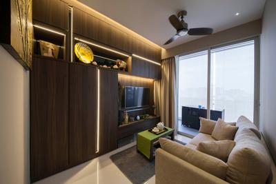Cambio Suites, The Orange Cube, Contemporary, Living Room, Condo, Built In Cupboard, Tv Wall Panel, Mini Ceiling Fan, Wall Mounted Tv, Sliding Door, Cove Lighting, Downlights, Comfy Sofa, Couch, Furniture, Indoors, Interior Design, Electronics, Entertainment Center