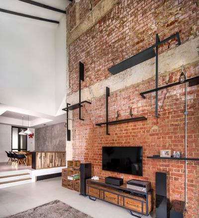 Landridge, Prozfile Design, Industrial, Living Room, Condo, Red Brick Wall, Laminates, Wood Laminate, Display Shelf, High Ceiling, Red Brick, Pipe, Exposed, Raw, Edgy, Tv Feature Wall, Feature Wall, Fireplace, Hearth, Furniture