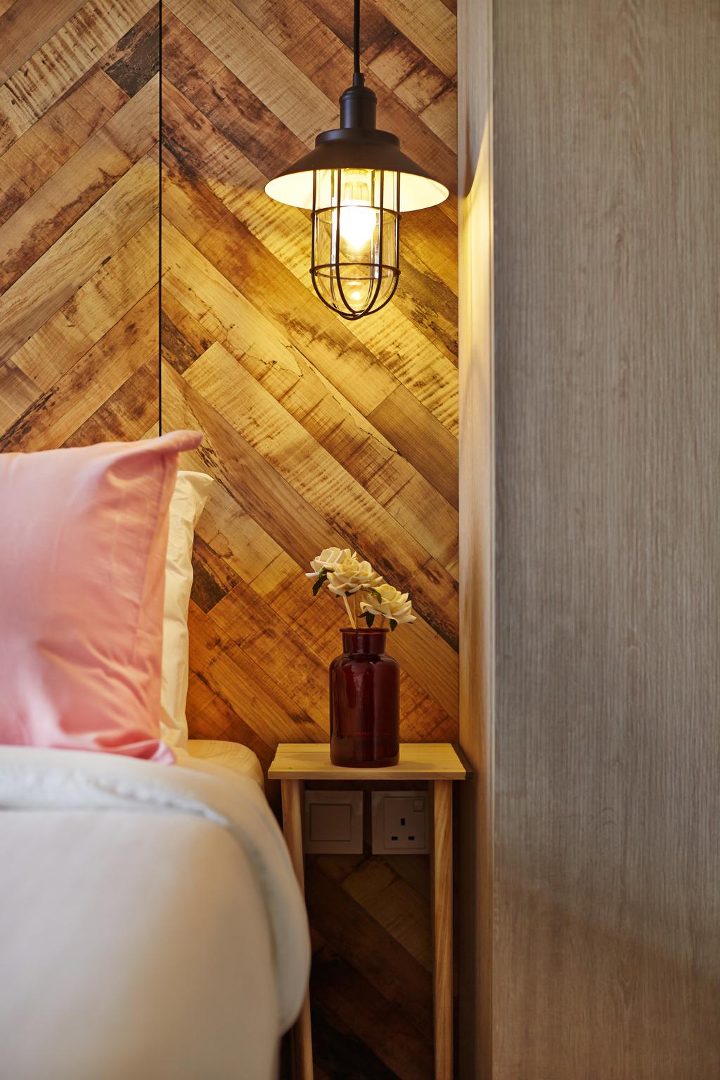 Scandinavian, HDB, Bedroom, Segar Road, Interior Designer, Fuse Concept, Bedside Lamp, Chevron Wall, Patterned Wall, Exposed Bulb, Hanging Lamp, Tv Feature Wall, Feature Wall