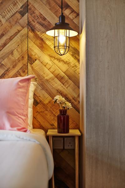 Segar Road, Fuse Concept, Scandinavian, Bedroom, HDB, Bedside Lamp, Chevron Wall, Patterned Wall, Exposed Bulb, Hanging Lamp, Tv Feature Wall, Feature Wall