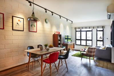 Segar Road, Fuse Concept, Scandinavian, Dining Room, HDB, Red Brick Wall, Art Frames, Eames Chair, Wood Dining Table, Blinds, Rug, Retro, Colourful, Chair, Furniture, Indoors, Interior Design, Room, Couch