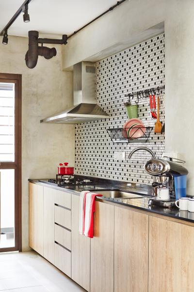 Segar Road, Fuse Concept, Scandinavian, Kitchen, HDB, Kitchen Cabinets, Kitchen Laminate, Honeycomb Tiles, Backsplash, Hood, Sink, Cabinetry