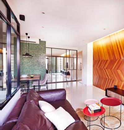 Esparina Residences, Fuse Concept, Industrial, Dining Room, Condo, Glass Partitions, Chevron Wall, Tv Feature Wall, Patterned Wall, Wooden Wall, Glass Cabinet, Tiles, Brown Coffee Table, Feature Wall, HDB, Building, Housing, Indoors, Bowl